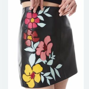 Alice + Olivia Black Vegan Leather Skirt with Floral Embroidery and Beading